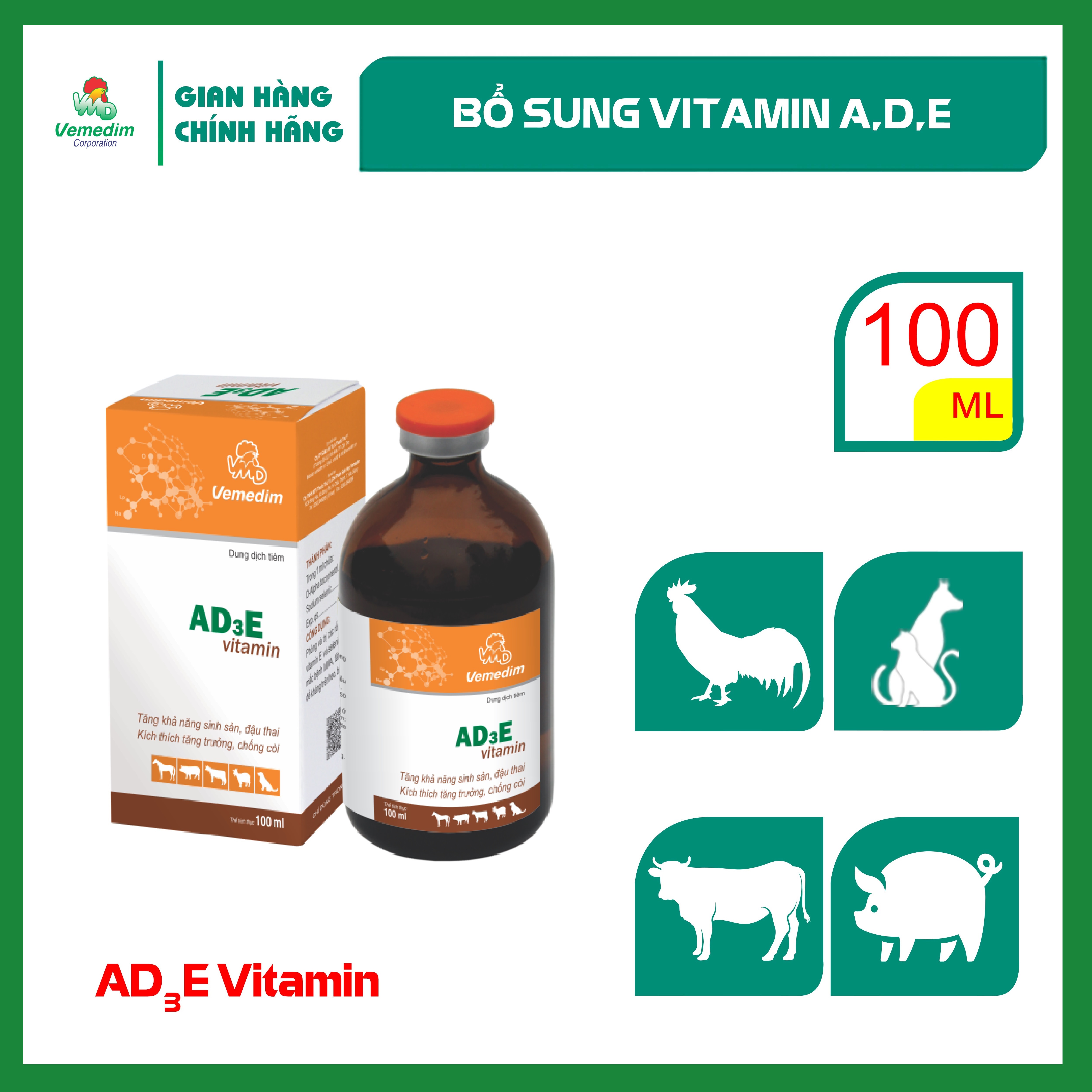 "Hoàn tiền đến 10%" Vemedim AD3E Vitamin thuốc tiêm bổ sung vitamin ADE giúp nâng cao năng suất vật nuôi chai 100ml