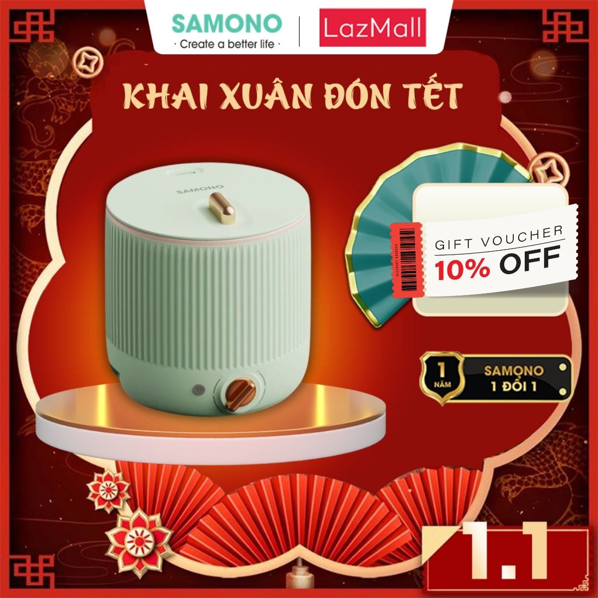 (BH 1 Năm)Samono Nồi lẩu điện đa năng 2L 600W cho 2-3 người lẩu/cơm/xào/chiên/luộc/hầm 2 lớp bảo vệ 