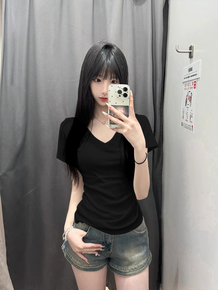 [Zestiva] gợi cảm đơn giản Hàn Quốc Tay Ngắn Áo thun trơn basic áo phông trơn cổ chữ V Trắng 2.17