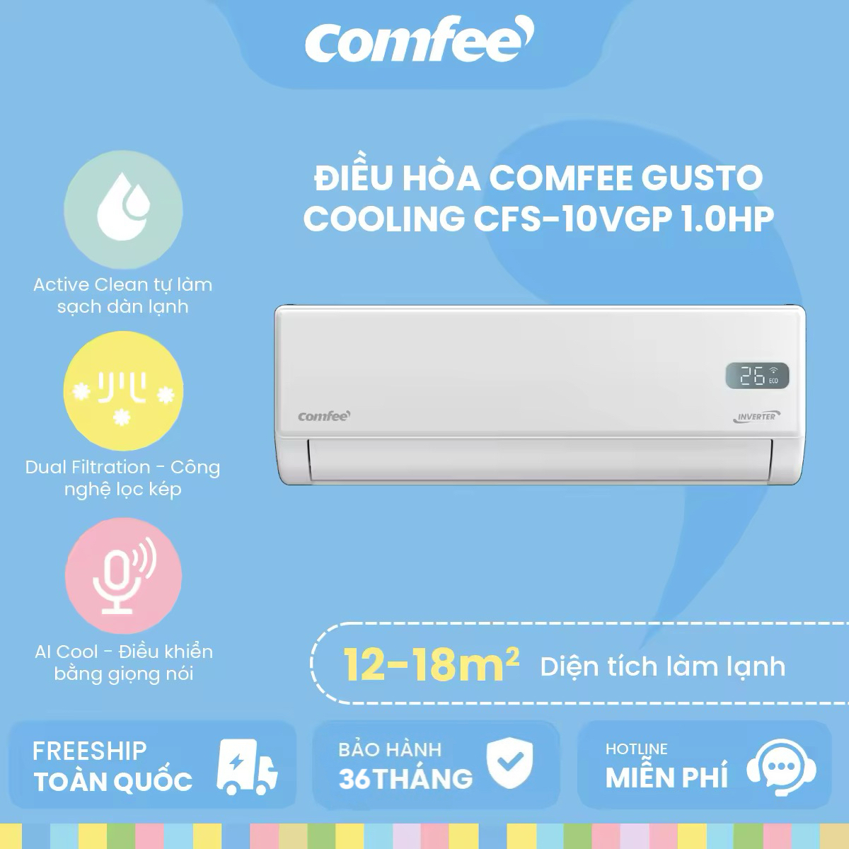Máy Lạnh Comfee Inverter 1 HP CFS-10VGP - 9350 BTU, 1 Chiều Lạnh, Gusto Series Smart Inverter