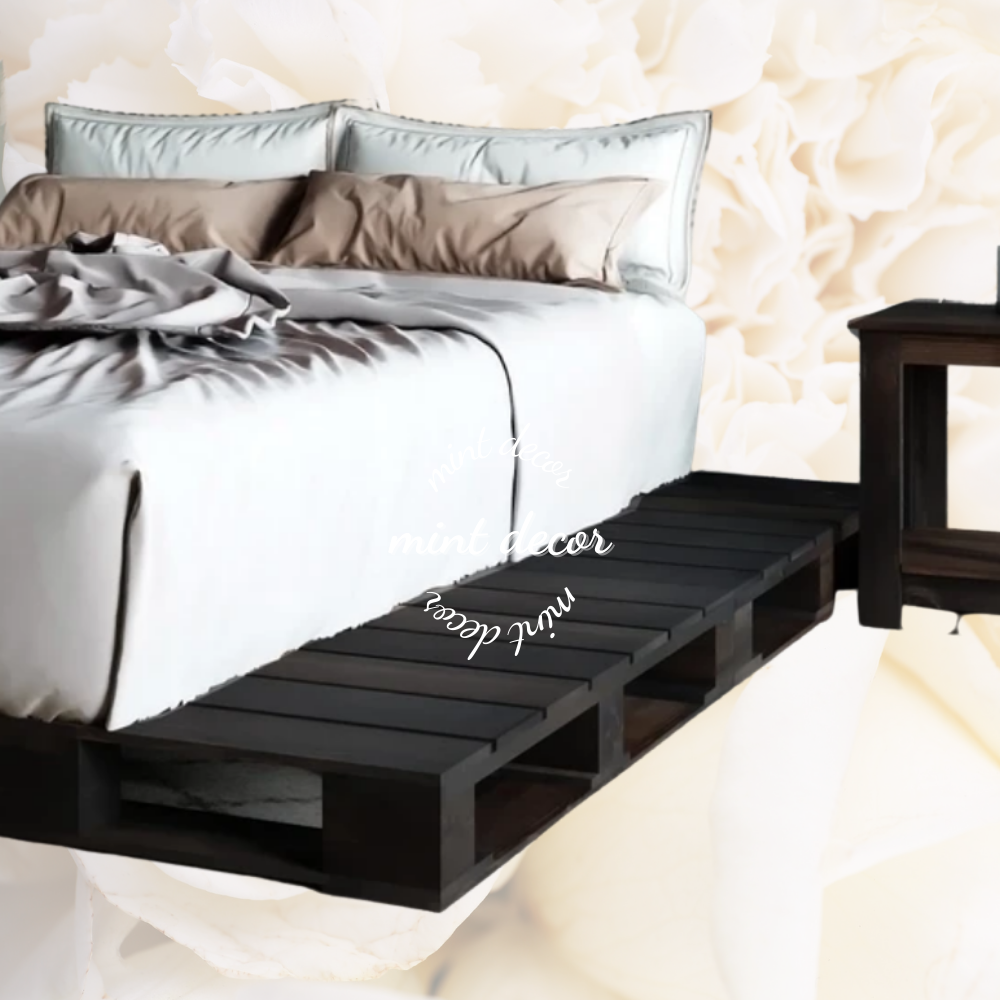 Giường pallet gỗ thông gấp gọn chân cao decor phòng ngủ màu đen sang trọng