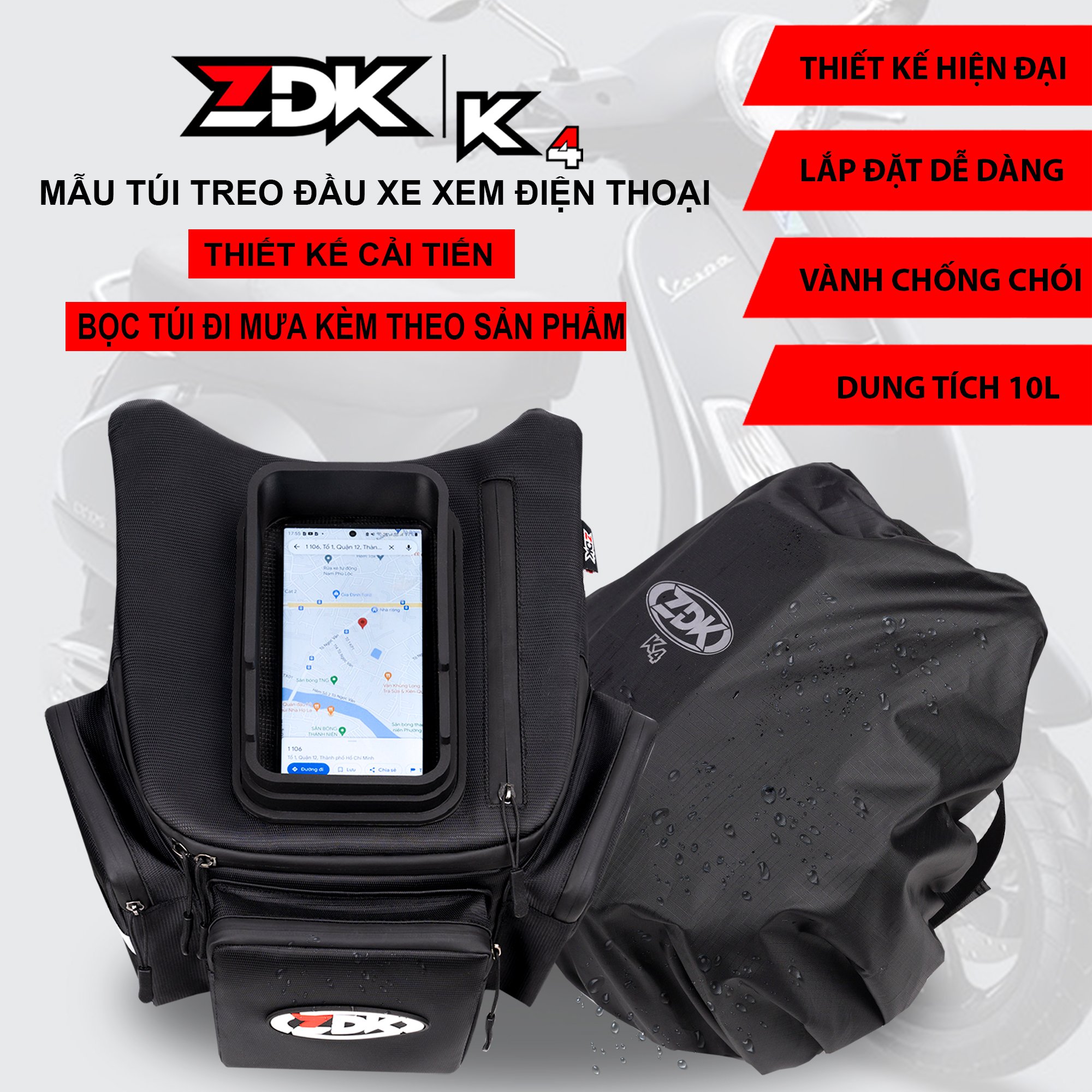 ZDK - Túi ZDK K4 treo đầu xe máy cao cấp thiết kế vành cao su chống chói túi có thể mở rộng dải phản