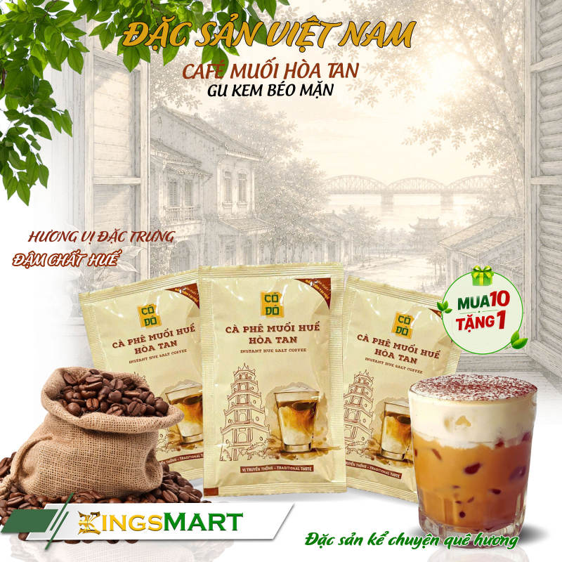 Cà phê muối Huế hòa tan - Gu kem béo mặn - Thương hiệu CỐ ĐÔ - Đặc sản Huế - Dây 10 gói 18g - Kingsmart