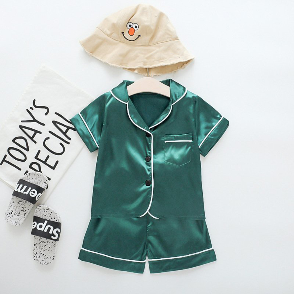 Bộ Pijama Lụa Trơn Cộc Tay Cho Bé Bộ Đồ Ngủ Cho Bé Trai Bé Gái  Từ 6-28kg Mặc Đều Xinh Chất Lụa Sati