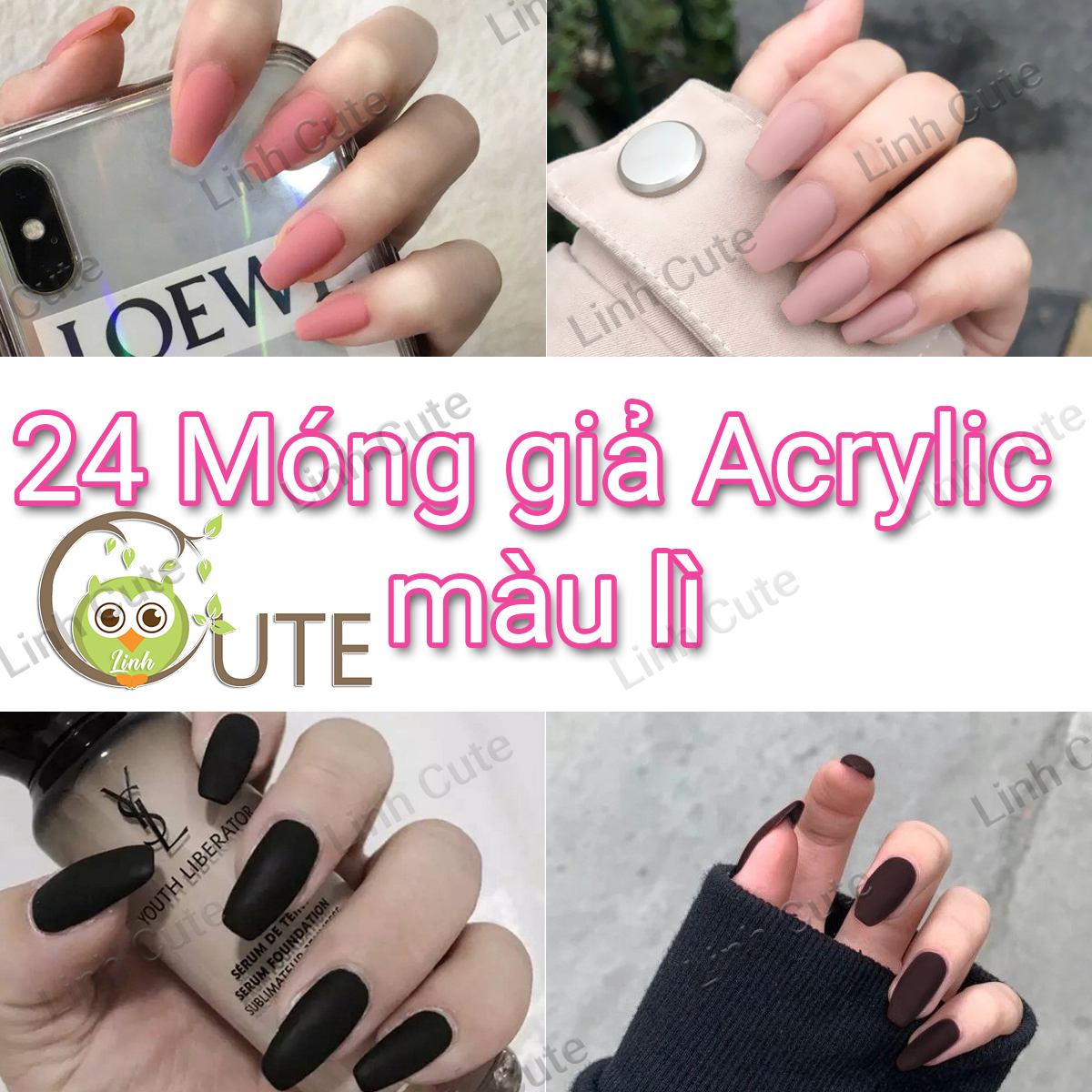 Móng Tay Giả Acrylic Màu Nhám 24 Miếng Móng Nhọn Nhiều Màu Kèm Keo Dán + Dũa + Bông Tẩm Cồn Móng Giả Có Keo Sẵn - Linh Cute Shop