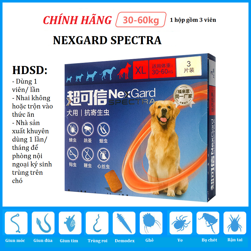 Nexgard Spectra - Ve Ghẻ Demodex Xổ Giun Chó 30-60Kg