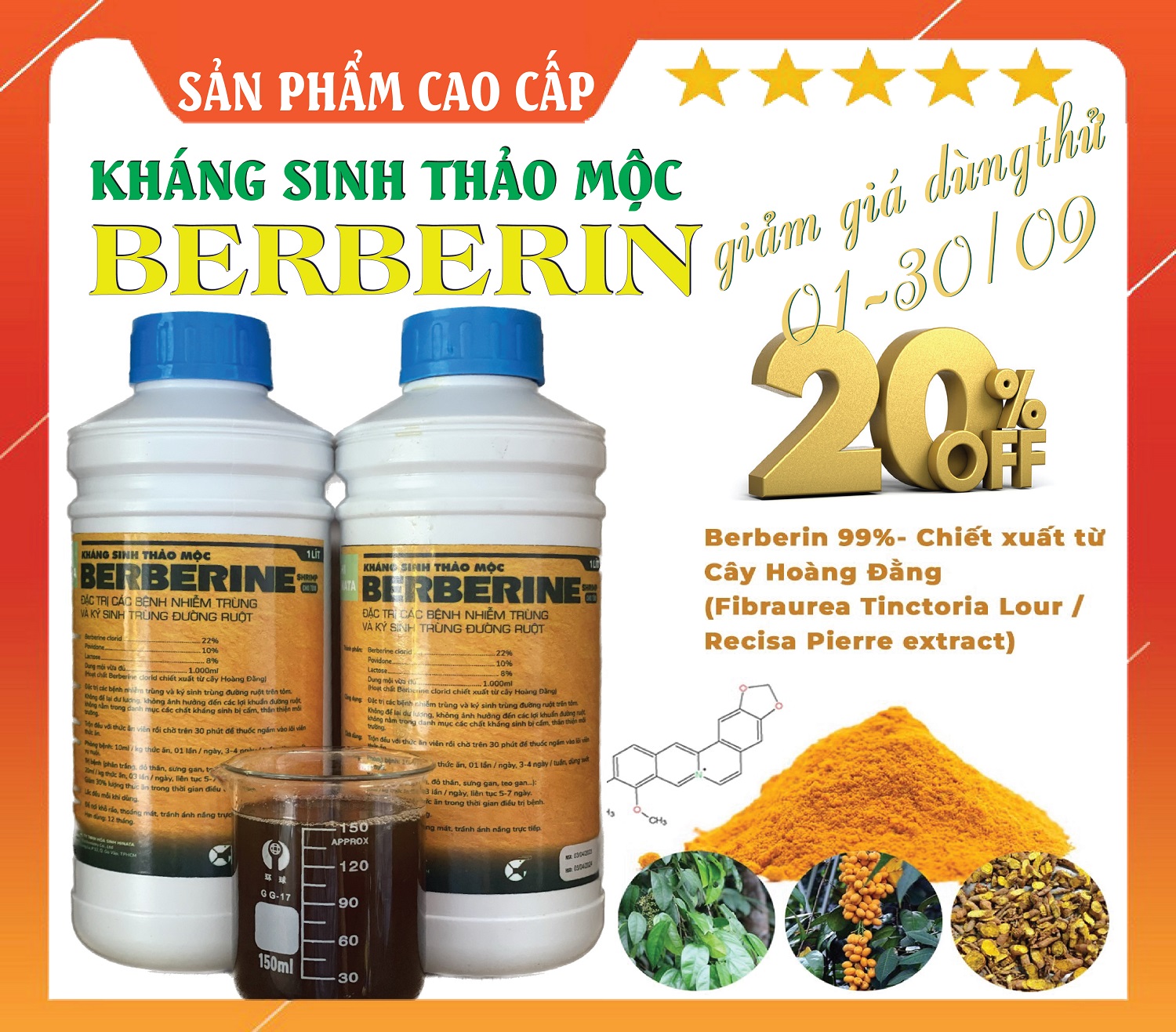 Giải độc Gan BERBERIN cao cấp cho Tôm chiết xuất từ Thảo Dược -1 Chai 1l