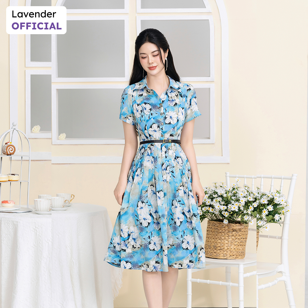 Đầm công sở thiết kế Thời trang Lavender chất liệu lụa mịn màu hoa xanh blue D3047