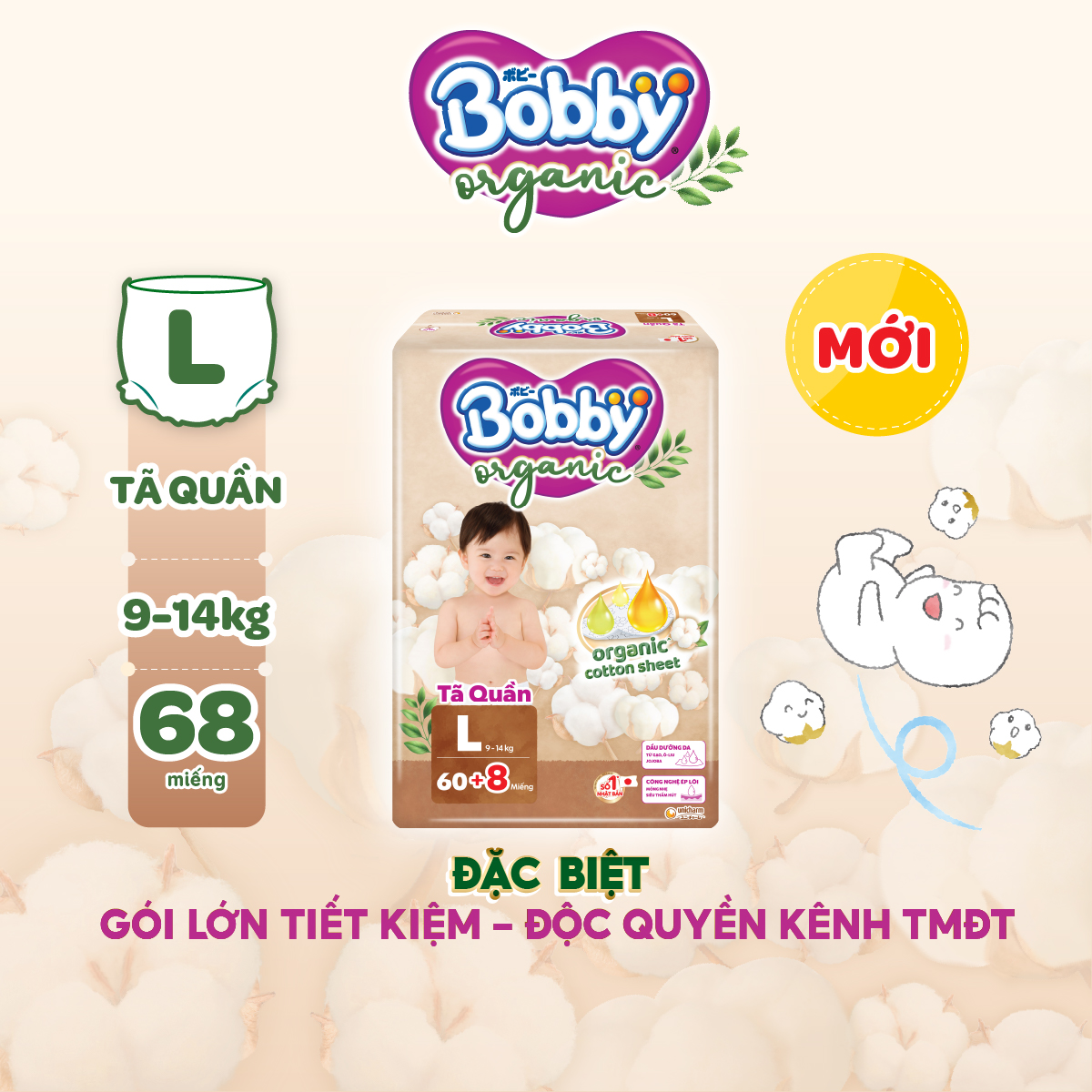 [MỚI RA MẮT] [TẶNG KÈM 8 MIẾNG] Tã quần cao cấp Bobby Organic chăm sóc dịu nhẹ từ thiên nhiên L60