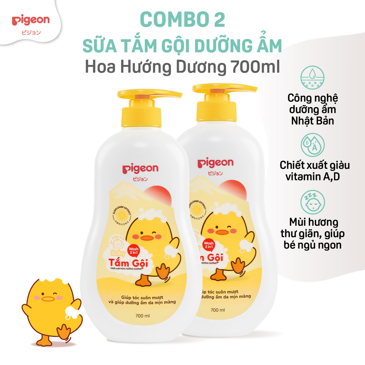 [TẶNG TẮM GỘI 700ML] Combo 2 Sữa Tắm Gội Dưỡng Ẩm Cho Bé Sơ Sinh Pigeon 700ml Dịu Nhẹ Mềm Mại An Toàn Cho Da Chính Hãng