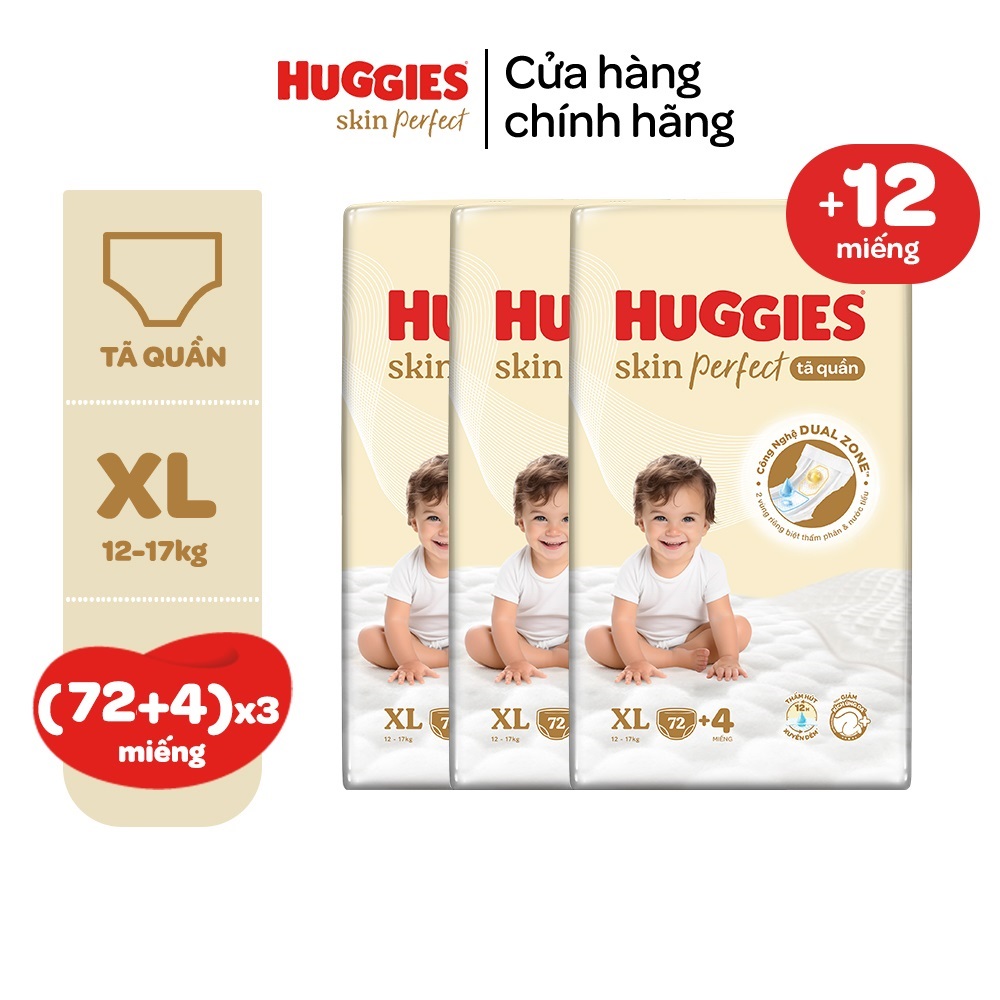 Combo 3 gói Tã quần Huggies Skin Perfect Mega Jumbo M98/L88/XL72+4/XXL64+4 miếng với 2 vùng thấm giảm kích ứng da