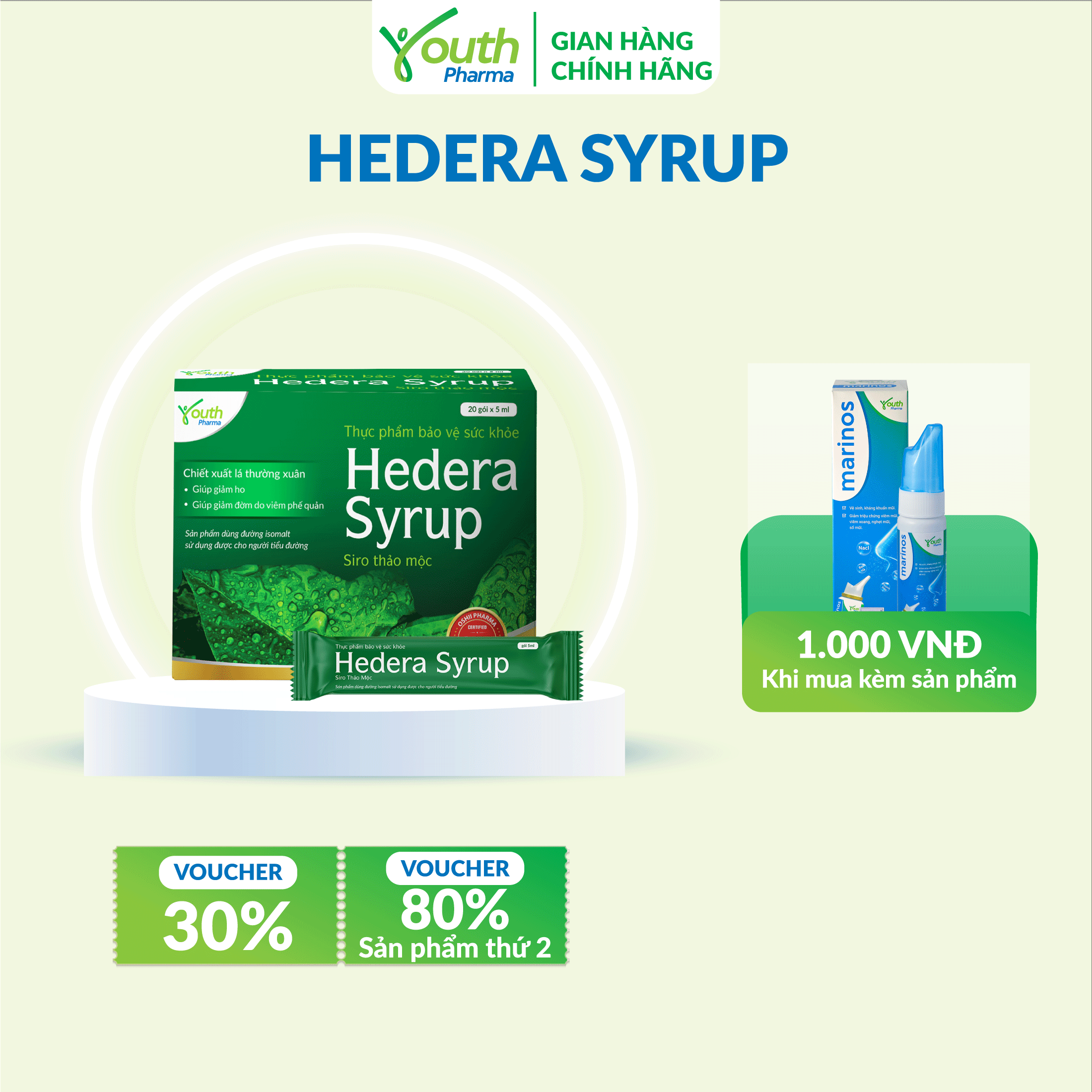 Siro Hedera Syrup Youth Pharma hỗ trợ giảm ho giảm đờm. Hộp 20 gói (5ml/gói)