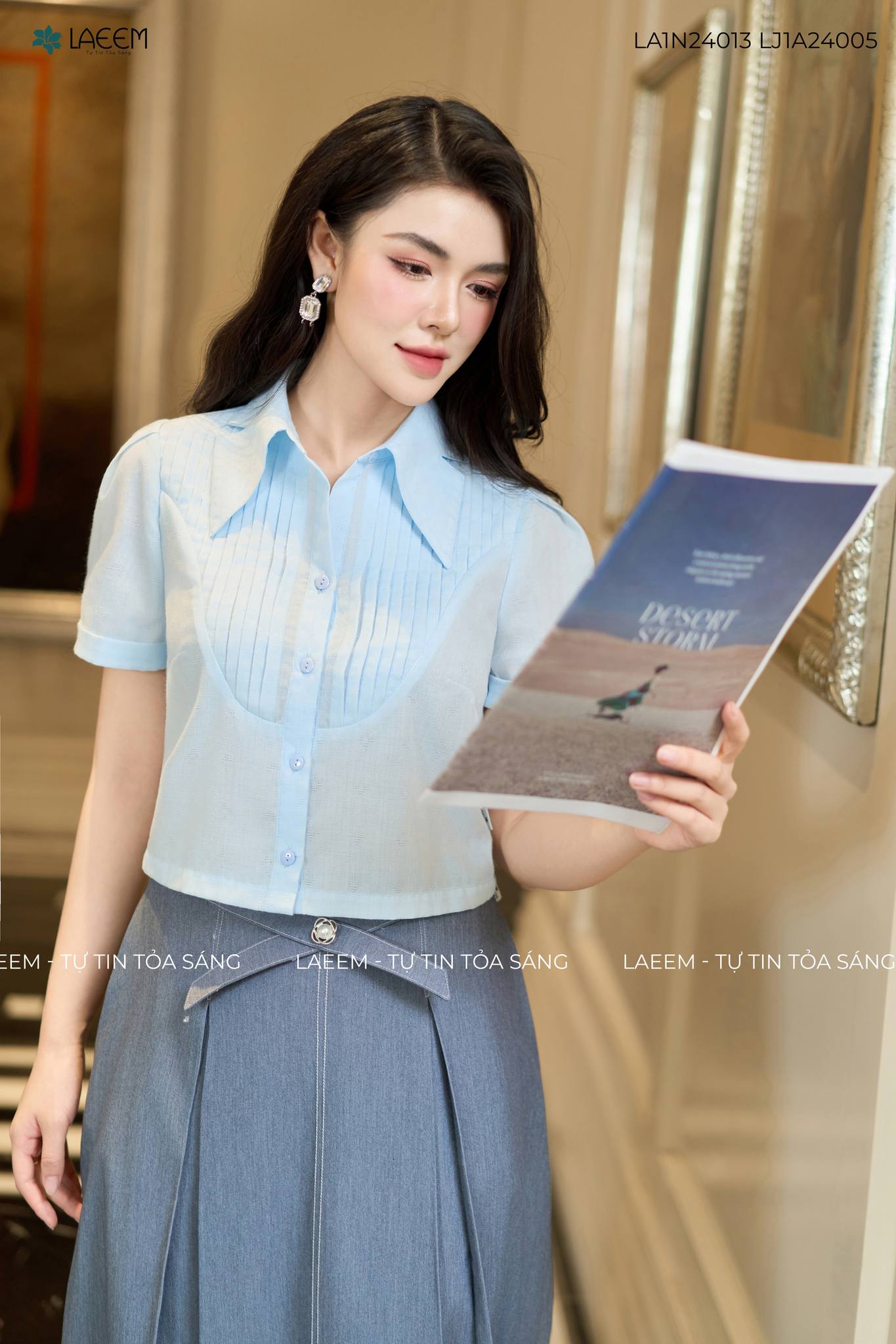 Áo kiểu lửng  cao cấp Laeem Design LA1N24013 chất liệu thô ướt mềm mịn áo dáng ngắn nhẹ nhàng dễ mix
