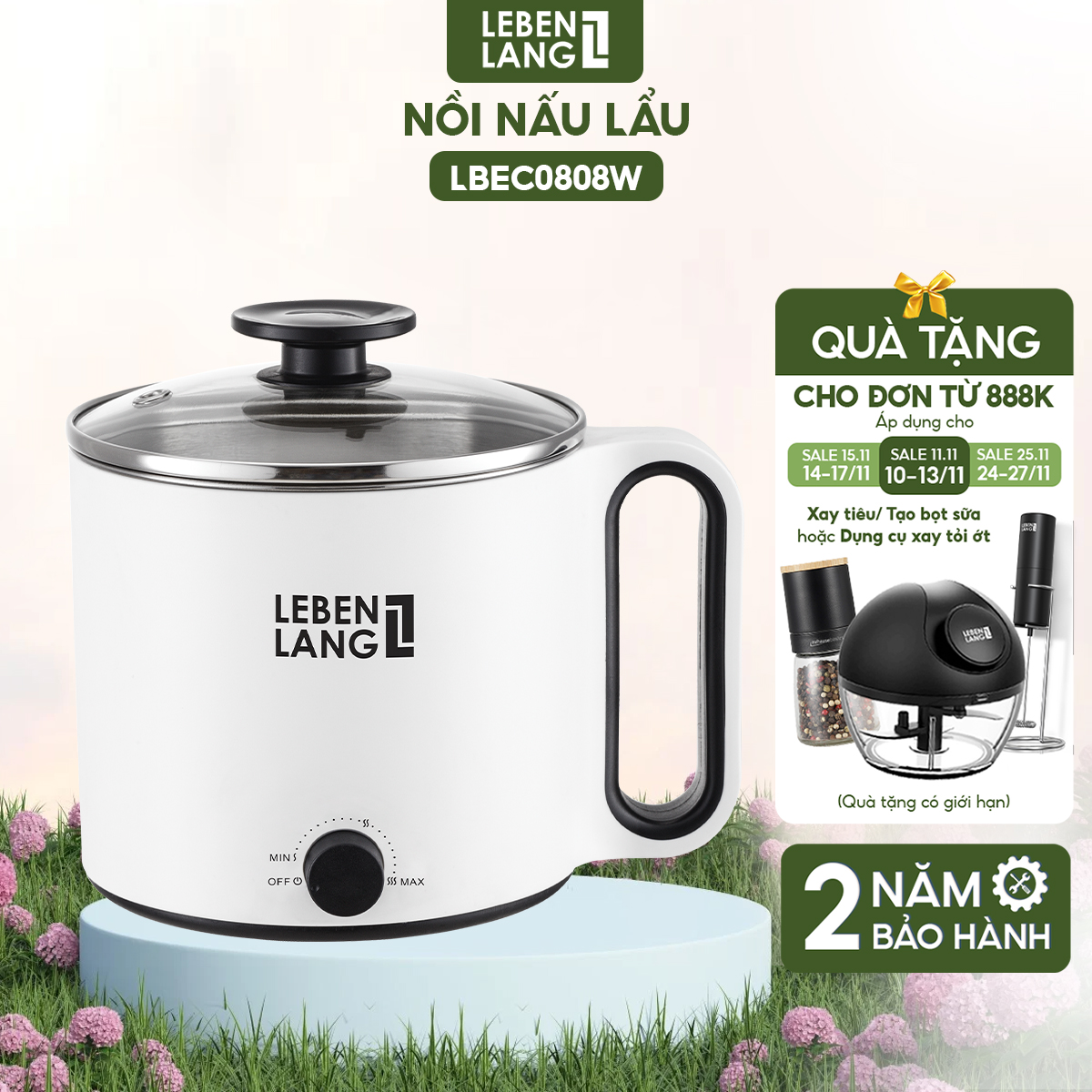 Nồi lẩu điện mini chống dính Lebenlang 1500ml thương hiệu Đức bảo hành 2 năm LBEC0808