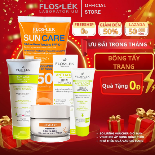 Combo sản phẩm chăm sóc da mụn Floslek hỗ trợ giảm mụn làm sáng dưỡng ẩm mịn màng da