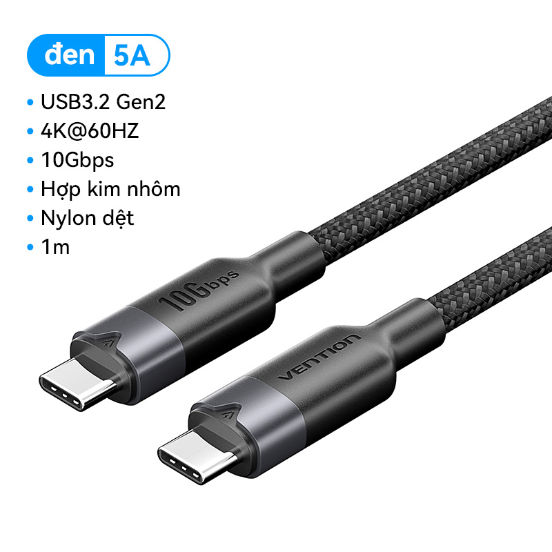 Vention Cáp Type C Cáp PD 100W Sạc Nhanh USB 3.2 3.1 Gen2 Male To C Male 5A Cho Apple MacBook 2020 i