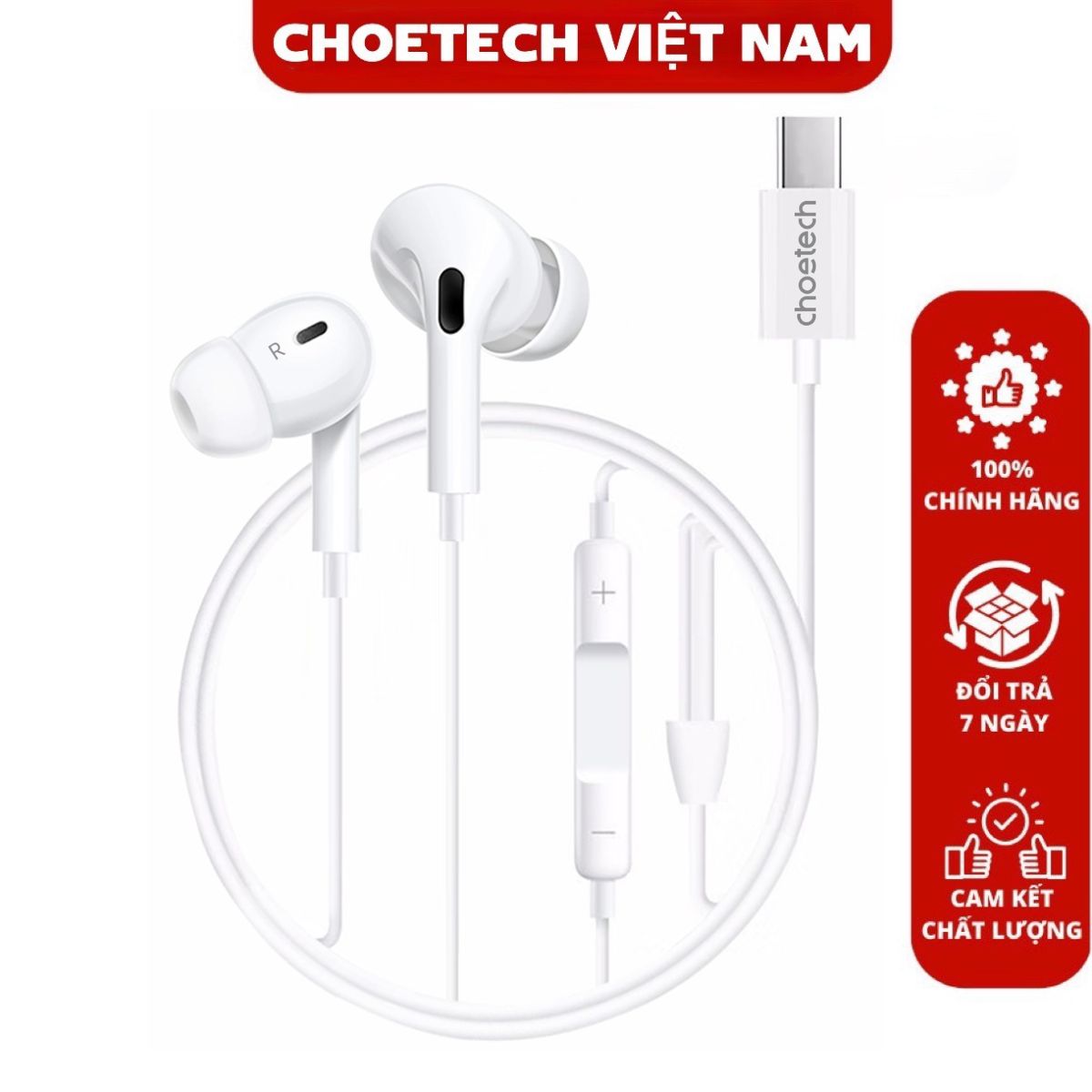 Tai nghe dây  Choetech OC-A011 nhét tai Type C có đệm cao su cho tất cả dòng điện thoại (Hàng chính 