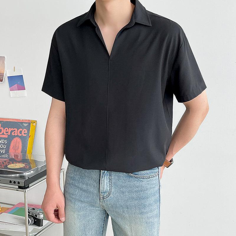 Áo sơ mi nam cổ V + Sơ mi ngắn tay hàn quốc form rộng không nút trắng đen  Áo sơ mi cổ vest dài tay 