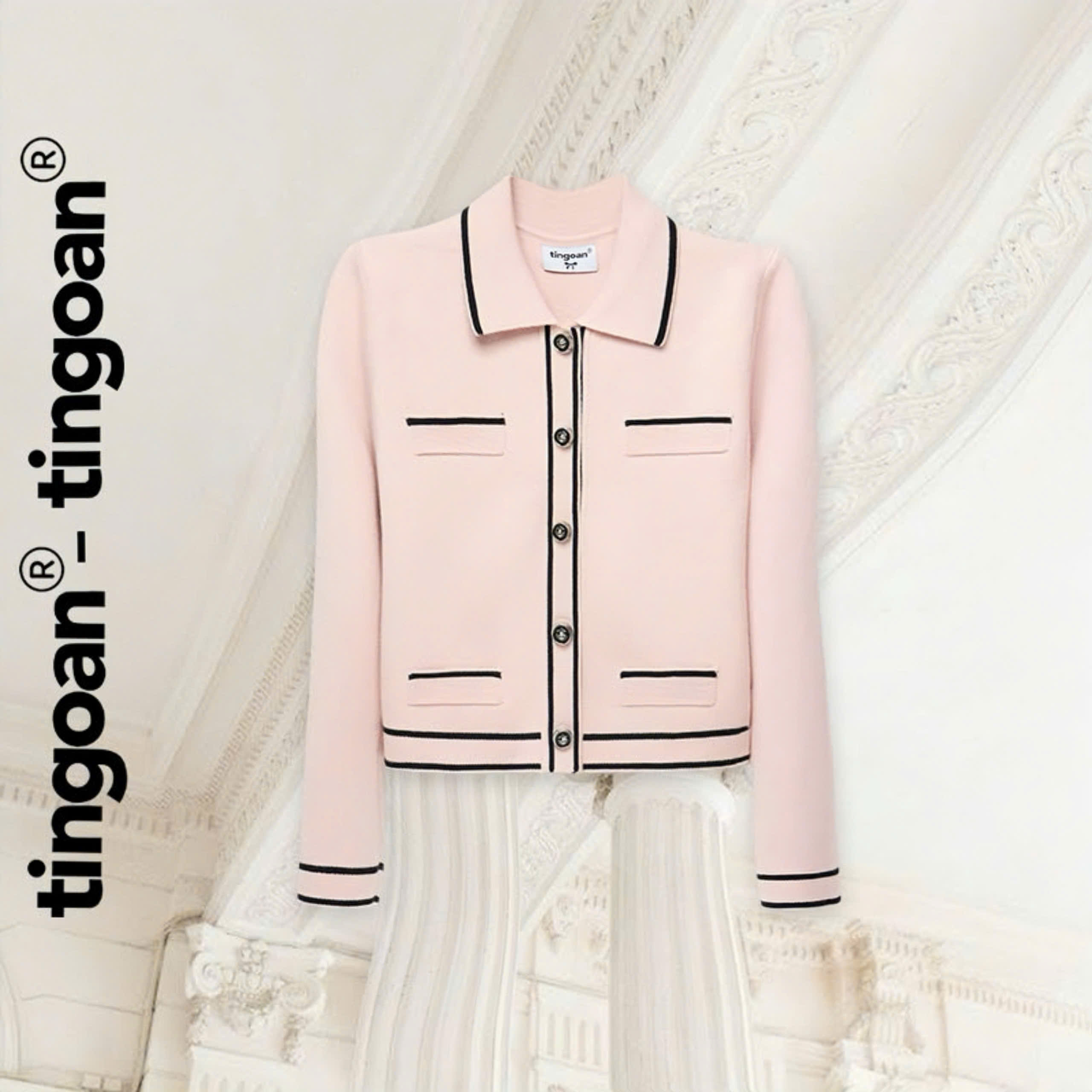 TINGOAN® - Áo len xù cardigan cổ bẻ dáng lửng hồng phối đường viền đen LILY ROSE JACKET/PK