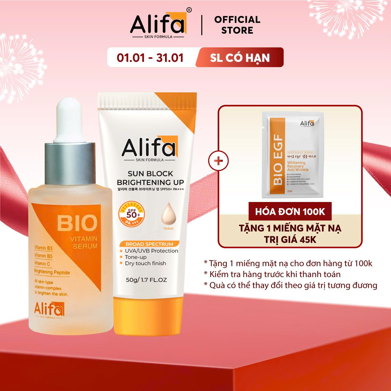 Combo dưỡng da 1: Kem chống nắng cho mặt Alifa Sun Block 50g và Serum dưỡng ẩm dưỡng trắng da Alifa