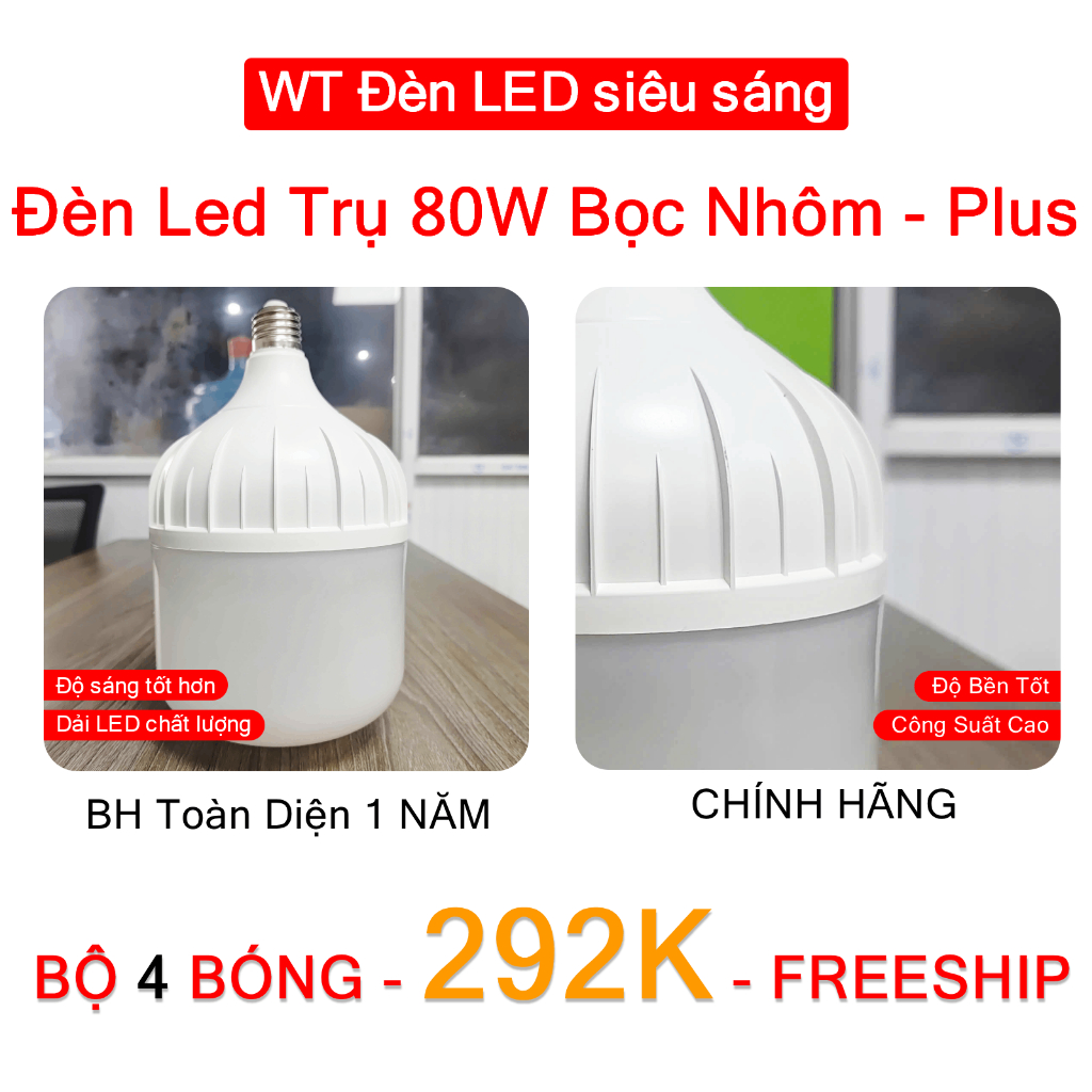 Combo 4 Bóng 80W 100W Đèn LED Trụ Nhựa | Đèn Led Cao Cấp Tiết Kiệm Điện