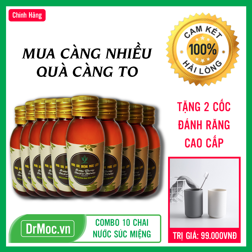 Combo 10 Chai Nước Súc Miệng Thảo Mộc Phúc Lâm Khử Mùi Hôi Miệng - Giữ Hơi Thở Thơm Mát Cả Ngày Dài [Tặng 2 Cốc Đánh Răng Cao Cấp]