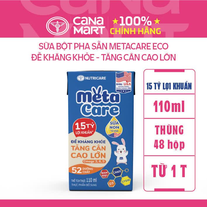 Thùng sữa bột pha sẵn Nutricare Metacare ECO cho bé đề kháng khỏe tăng cân cao lớn (110ml x 48 hộp)