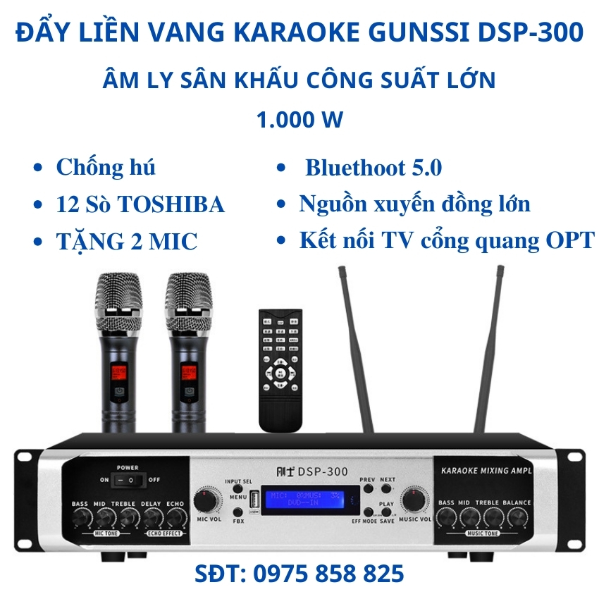Đẩy liền vang kèm mic. Âm ly karaoke Bluetooth Gunssi DSP 300 Cục đẩy công suất lớn