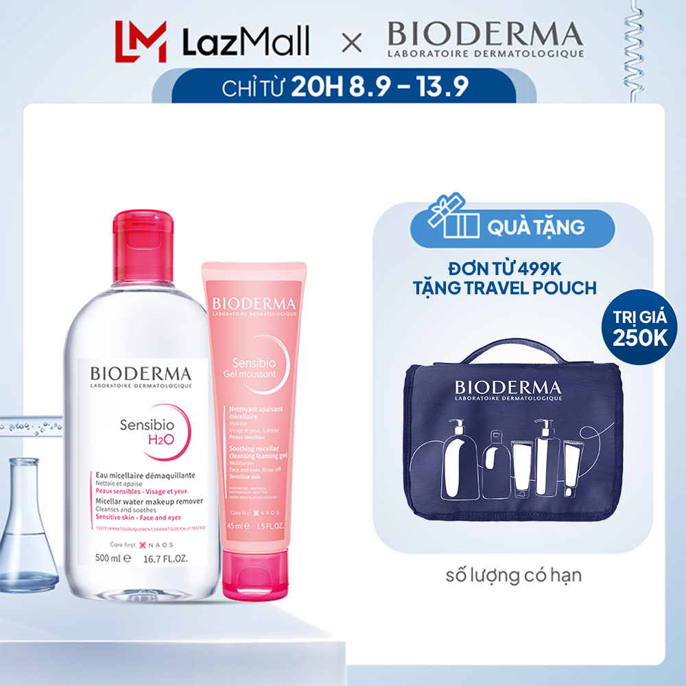 Bộ nước tẩy trang và làm sạch micellar cho da nhạy cảm Bioderma Sensibo H2O 500ml và gel rửa mặt tạo