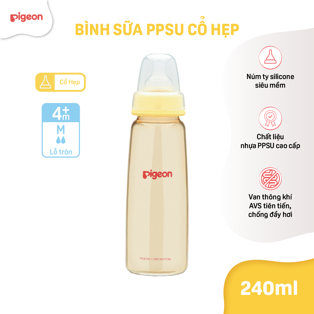 Bình Sữa Cổ Hẹp PPSU Pigeon 240ml (M)