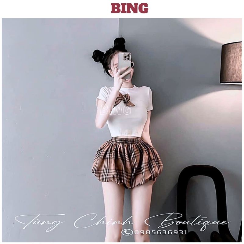 Sét Bộ Nữ Áo Thun Cộc Tay nơ ngực + Quần short bí kẻ caro dáng bồng thời trang nữ - BING SV61