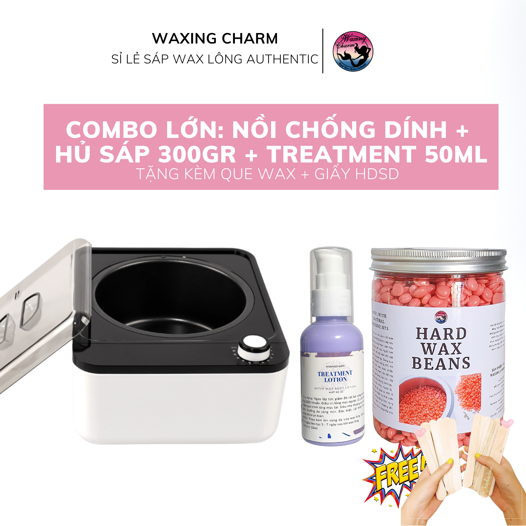 [Combo Wax Cao Cấp] 1 Nồi Chống Dính Ceramic + 300Gr Sáp Wax Lông + 50Ml Treatment + Que + Hdsd [Nồi Bh 6 Tháng]