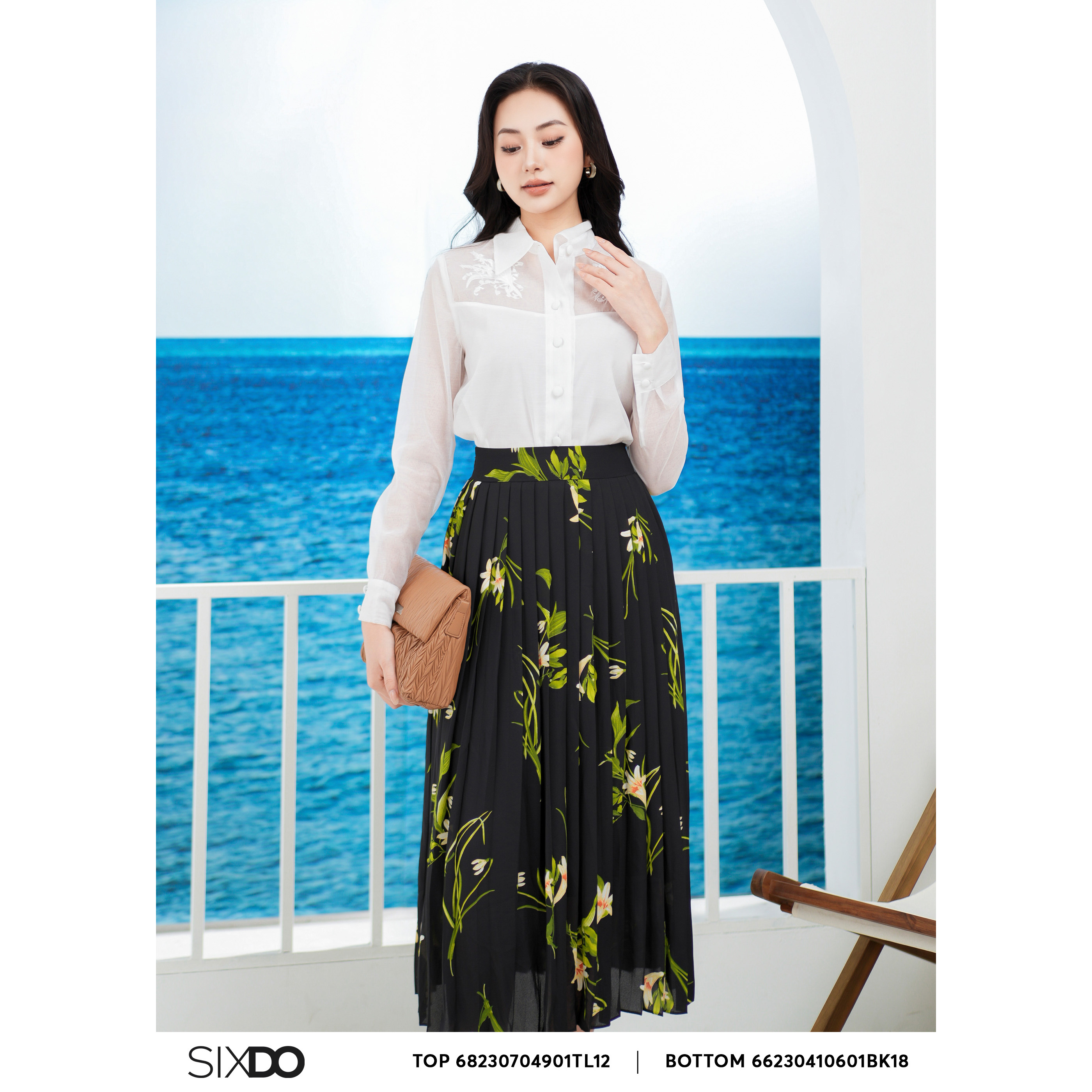 Áo sơ mi nữ tơ trắng thêu hoa SIXDO (White Top With Embroidered Flowers)
