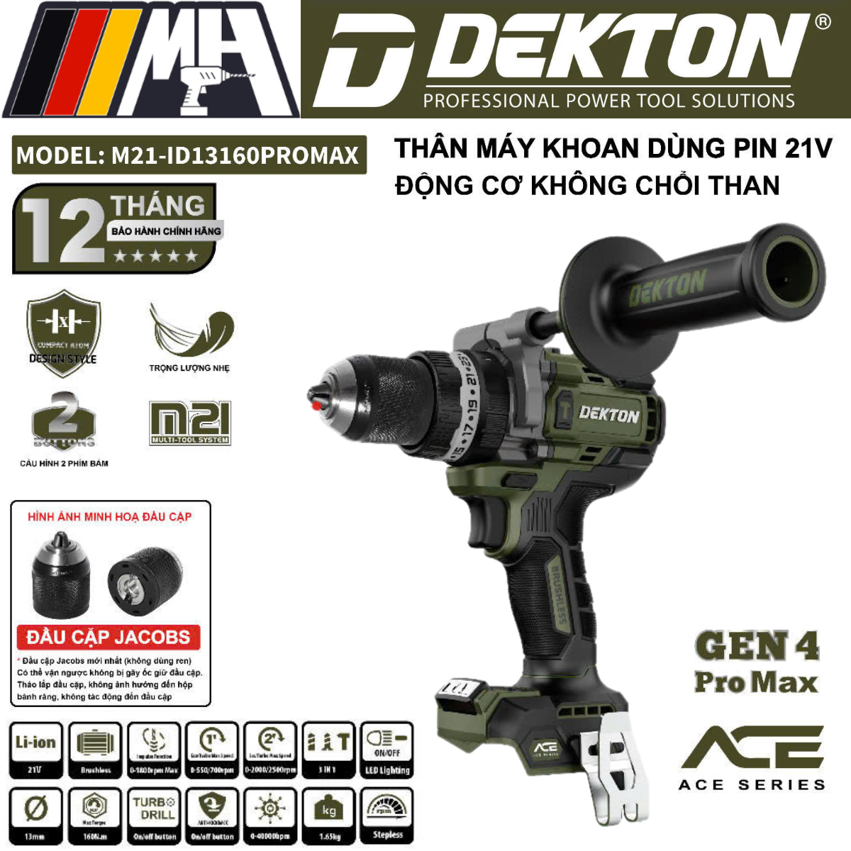 Máy khoan pin rút lõi Dekton M21-ID13160PROMAX Lực siết 160Nm Động cơ BrushlessChân pin phổ thông