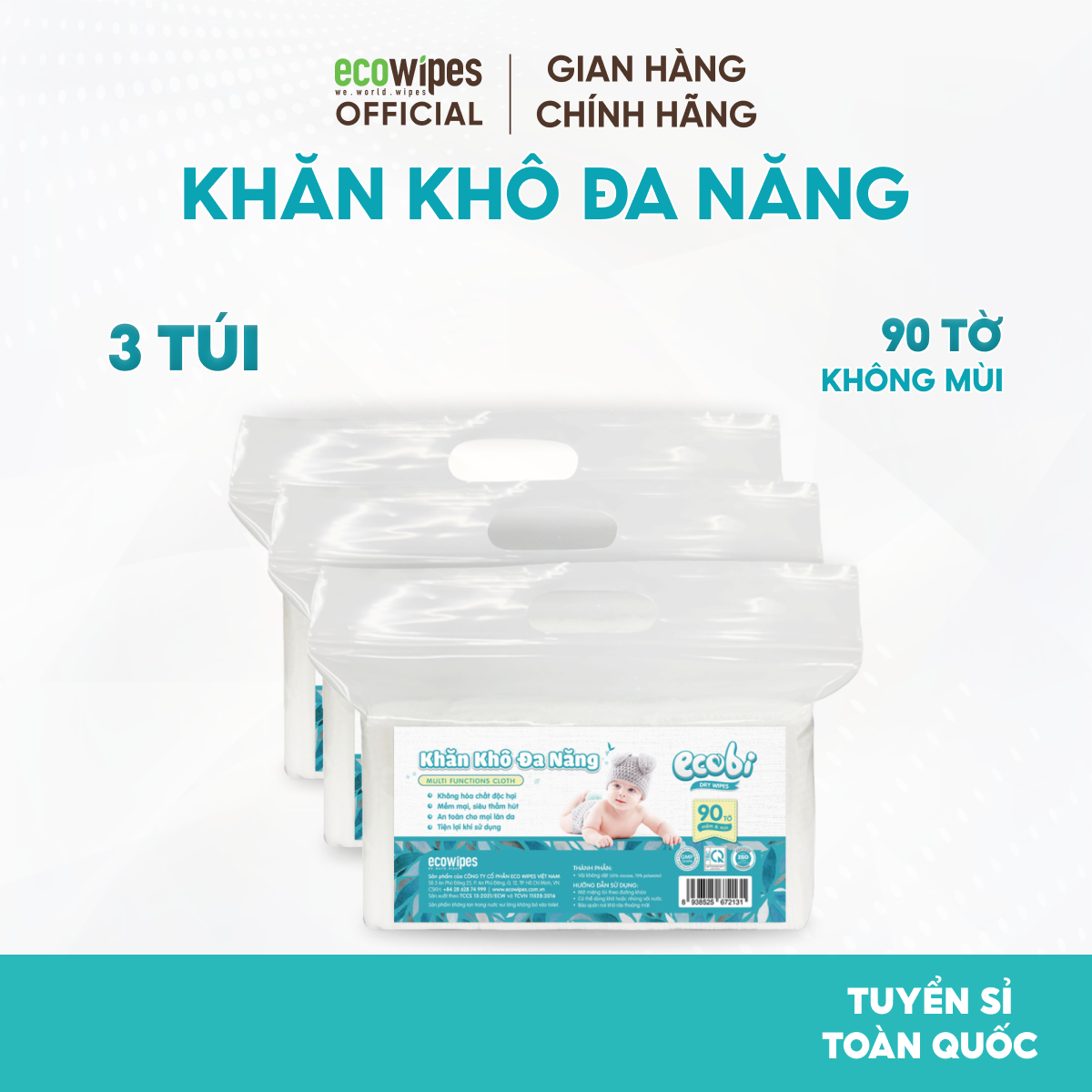 Combo 05 túi khăn vải khô đa năng cao cấp an toàn cho bé Ecowipes túi 90 tờ 120g siêu tiết kiệm mềm mịn dai thấm hút tốt