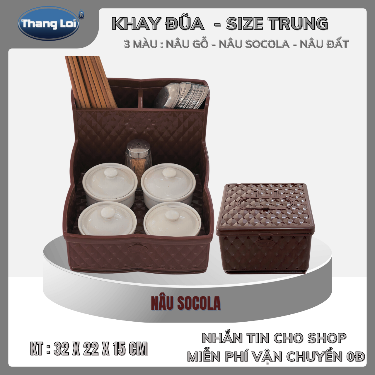 Khay Đựng Gia Vị Và Đũa Muỗng Nhựa Thắng Lợi Có Ngăn Chia - Phong Cách Retro - Size Trung - 3 Màu Nâ