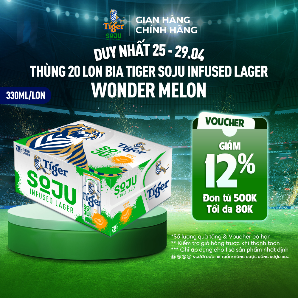 Thùng 20 Lon Bia Tiger Soju Infused Lager Wonder Melon (vị Soju Dưa Lưới) 330ml/Lon
