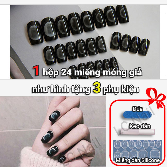 Móng Tay Giả R020 Móng Dài Màu Đen Set 24 Móng Giả + Quà Tặng - Lc Nail