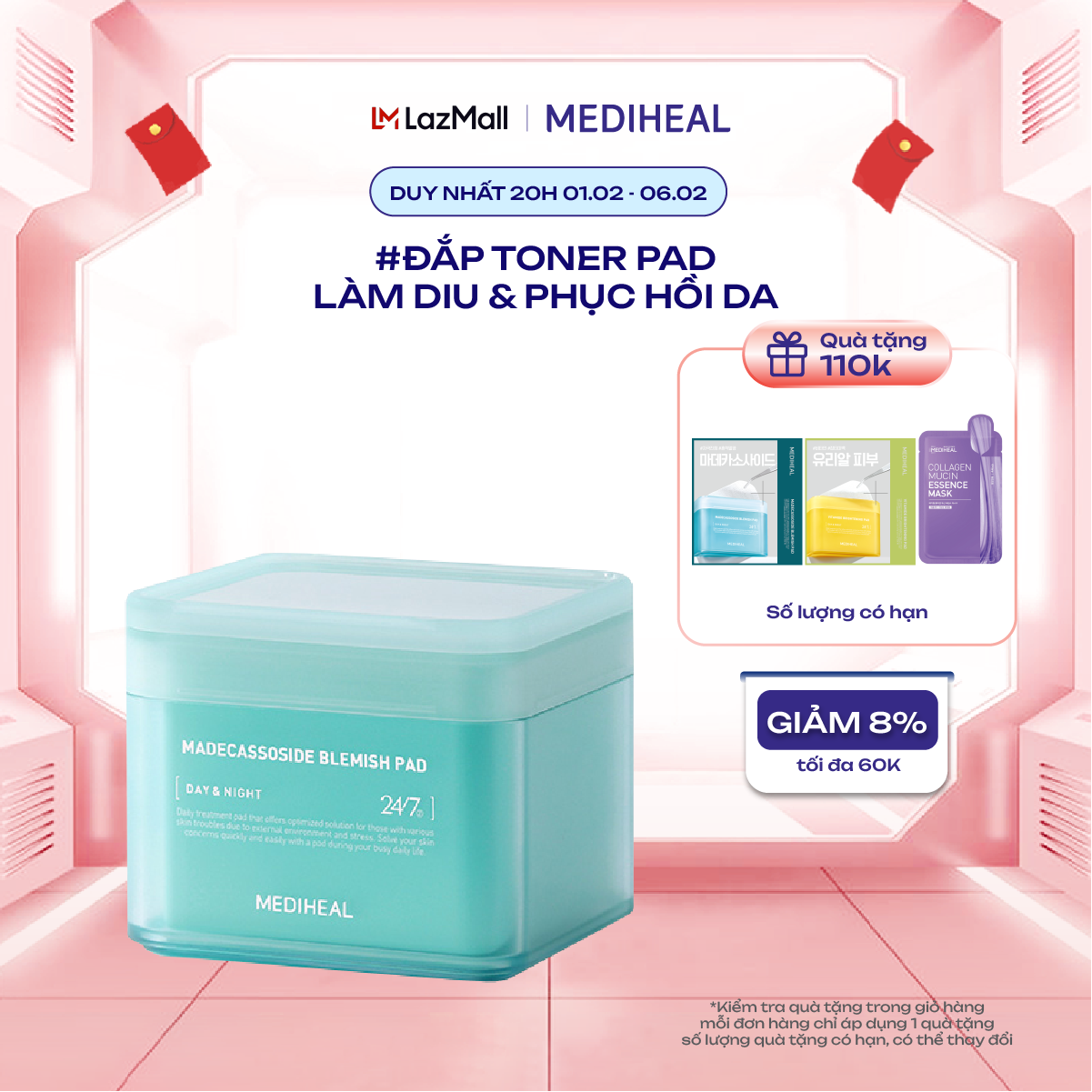 Hộp 100 miếng toner pad Mediheal Làm Dịu Và Phục Hồi Mediheal Madecassoside Blemish Pad 100 pad