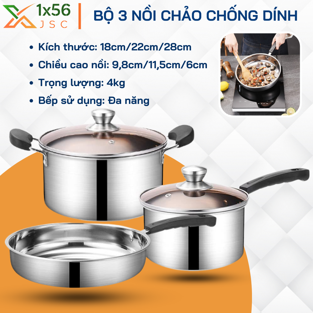 Bộ 2 Nồi 1 Chảo Inox 430 Dày Dặn Dùng Mọi Loại Bếp Bộ Nồi Bếp Từ Kèm Chảo Chống Dính Nấu Đa Năng Tiệ