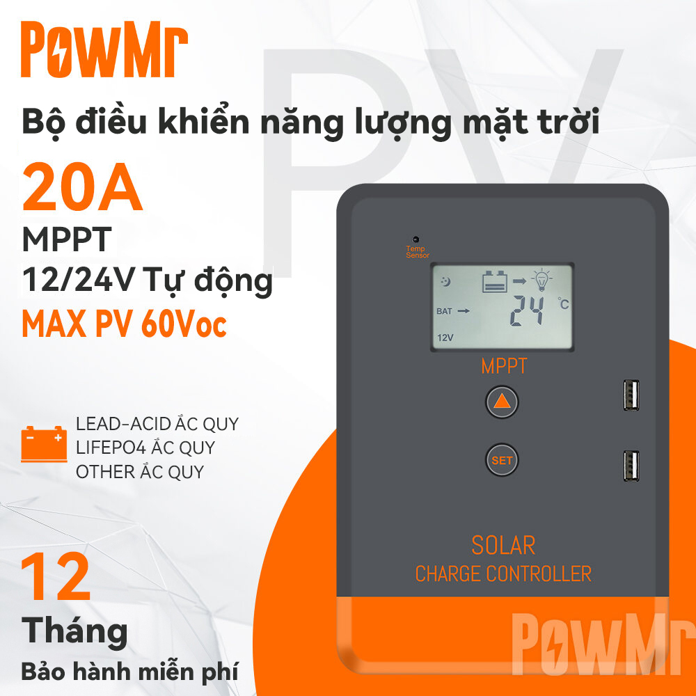 PowMr MPPT Bộ điều khiển sạc năng lượng mặt trời 20A 12V 24V Bộ điều pin năng lượng mặt trời 60V PV 