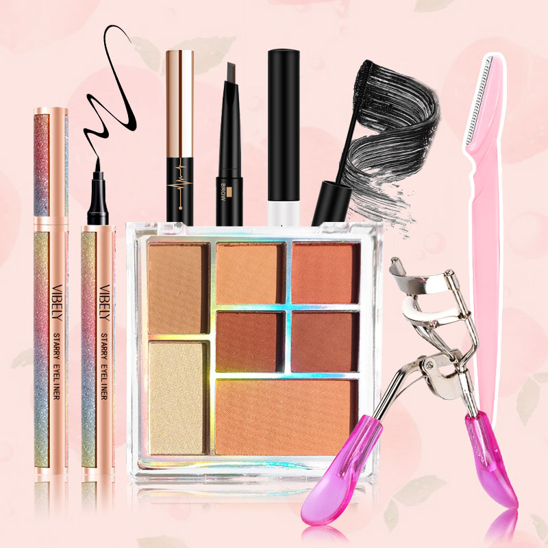 [HCM][Peachy Sis] VIBELY Bộ trang điểm mắt cá nhân 6 món hoàn chỉnh（Mascara + chì kẻ mày + kẻ mắt + bảng phấn mắt 7 màu + dụng cụ tỉa lông mày + dụng cụ uốn mi）