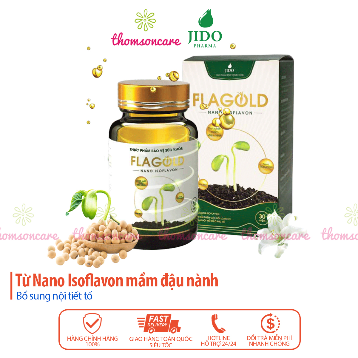 Flagold Tăng Vòng 1 Từ Mầm Đậu Nành Nano Nở Ngực Bổ Sung Nội Tiết Tố Nữ Đẹp Da Sinh Lý Nữ Giảm Nám Tàn Nhang Hộp 30 Viên Từ Nano Isoflavon