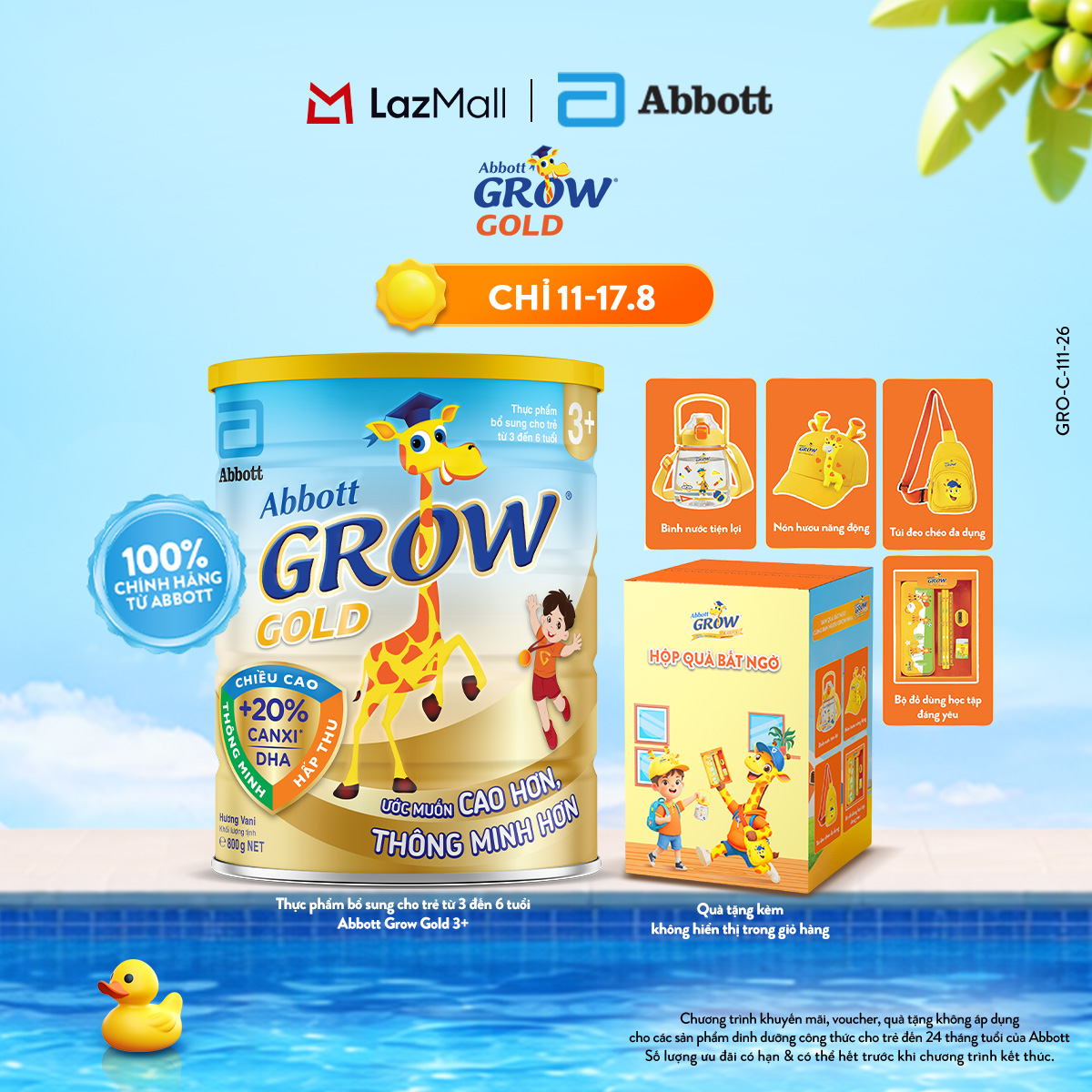 Lon sữa bột Abbott Grow Gold 3+ 800g tặng 1 Hộp quà bất ngờ