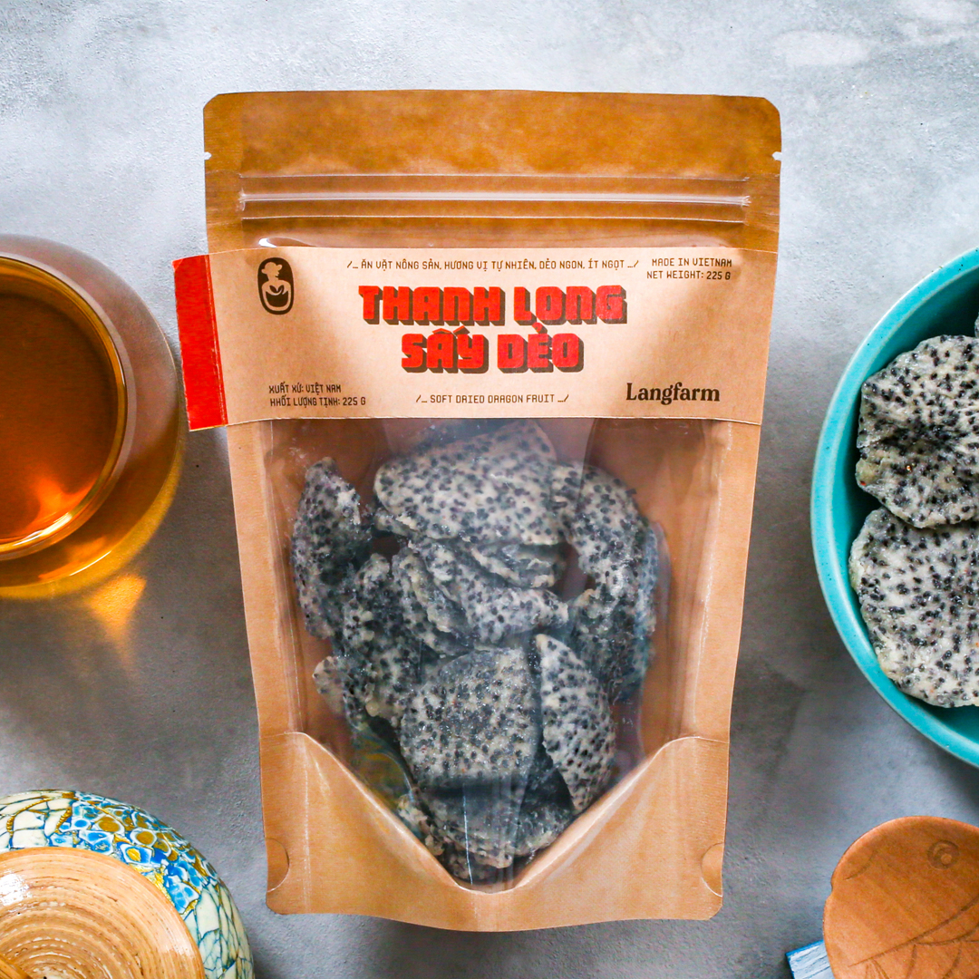 Thanh long sấy dẻo Langfarm 225g bịch mẫu kraft 1 mặt trong