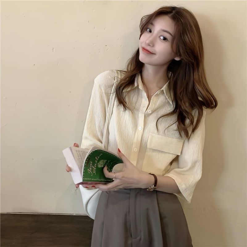 Áo sơ mi đũi tay lỡ túi hộp trắng đen form rộng chất đũi nhăn Sơ mi cộc tay đi học đi chơi bassic dễ