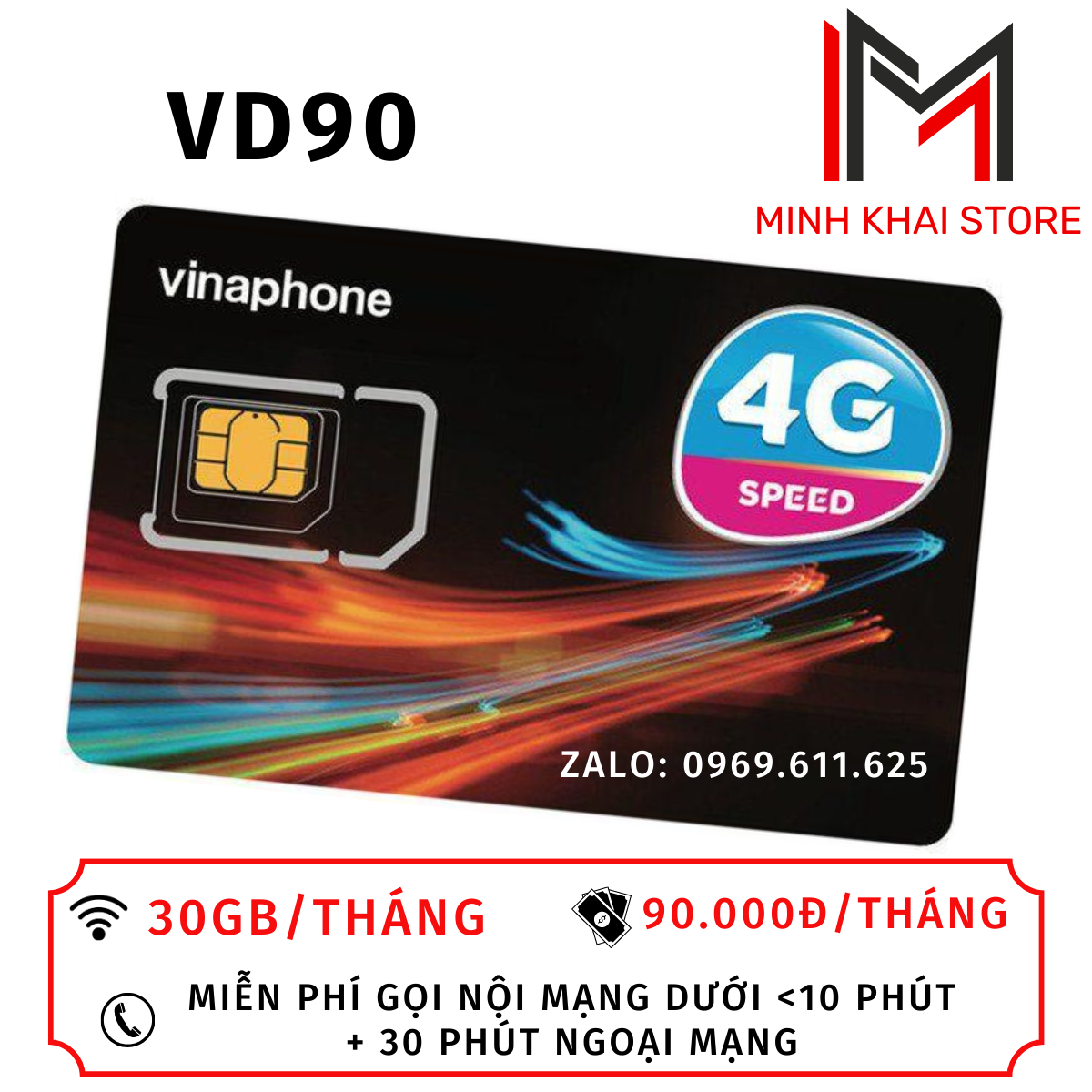 Sim vào mạng + nghe gọi Vinaphone gói VD90 - Có 30GB 1 tháng + miễn phí gọi nội mạng  ngoại mạng - P