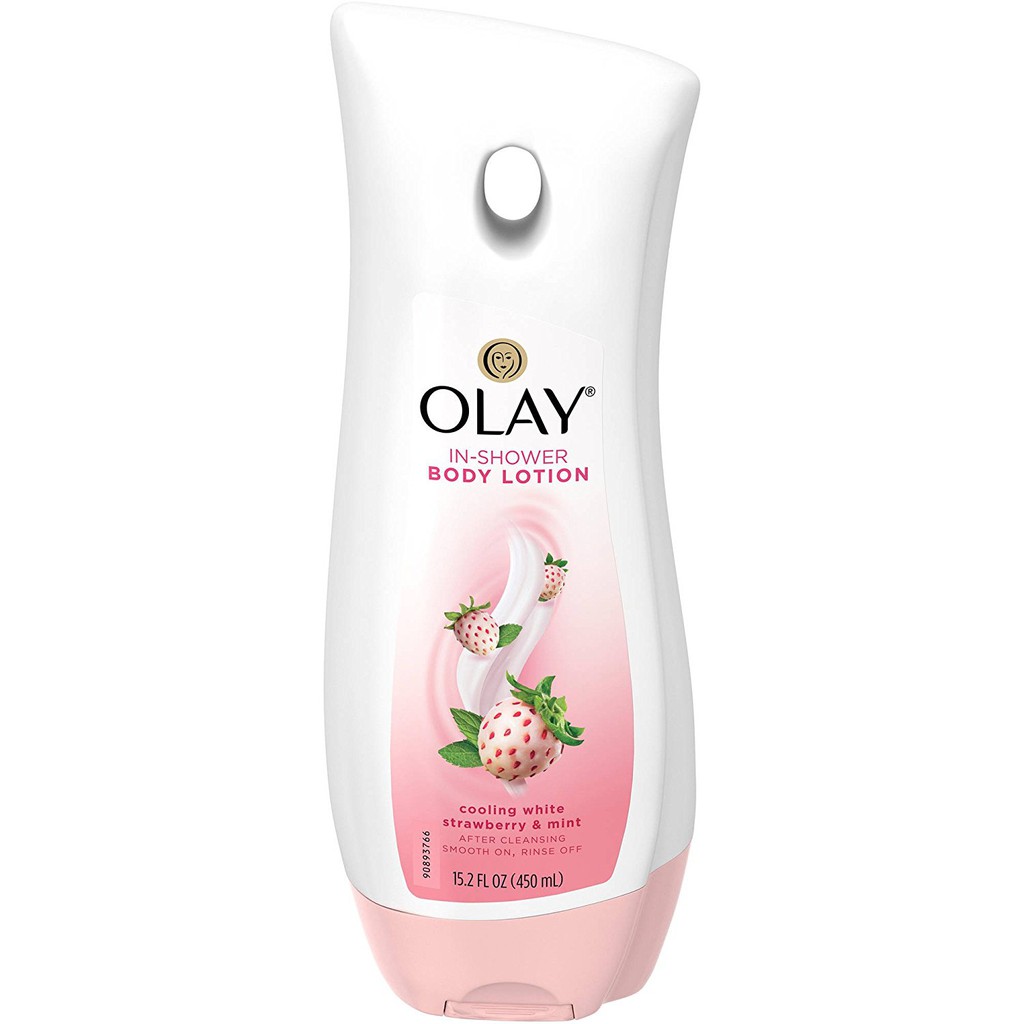 Dưỡng Thể Cho Da Khô Dùng Khi Tắm Olay In Shower Body Lotion Cooling White Strawberry & Mint 450Ml (Mỹ)