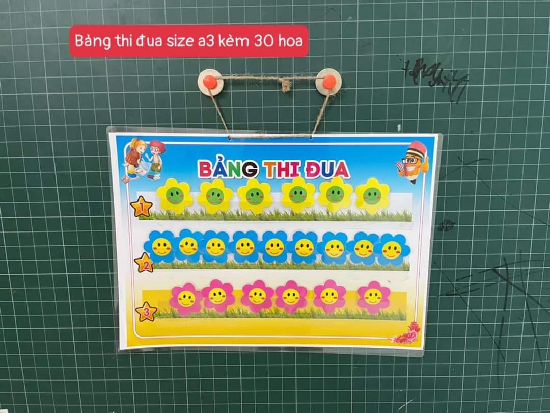 Bảng thi đua 3 và 4 tổ. Gồm 30 và 40 hoa. Kích thước A3 ép plastic. sẵn băng keo dán tường.