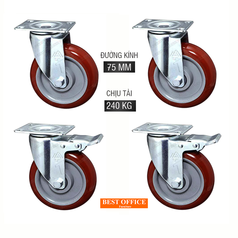 Combo 4 bánh xe đẩy hàng chịu tải 240kg đường kính 75mm màu đỏ mận. Bánh xoay hãm tĩnh